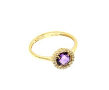 Load image into Gallery viewer, 18K YELLOW GOLD RING CUSHION ROUND PURPLE AMETHYST AND CUBIC ZIRCONIA FRAME.