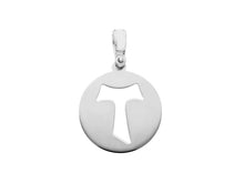 Load image into Gallery viewer, 18k white gold 15mm round medal cross Franciscan tau tao Saint Francis pendant.