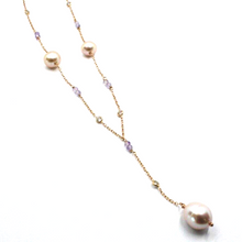 Cargar imagen en el visor de la galería, 18k rose gold lariat necklace, faceted 3mm amethyst, purple pearls and zirconia.