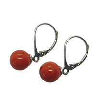 Load image into Gallery viewer, 18k white gold leverback pendant earrings spheres perfect red coral, 8mm 0.31".