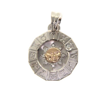 Load image into Gallery viewer, 18k white & rose gold zodiac sign round 20mm diamond sun zodiacal medal pendant.