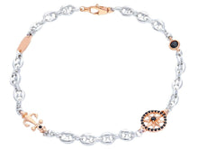 Load image into Gallery viewer, 18k white rose gold 5mm mariner man bracelet, 7.3", compass anchor, black spinel.