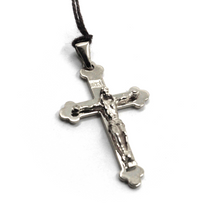 Load image into Gallery viewer, SOLID 18K WHITE GOLD TRILOBE CROSS WITH JESUS, SMOOTH, FINELY WORKED, 28mm.