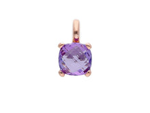 Load image into Gallery viewer, solid 18k rose gold four prongs pendant with big 10mm amethyst, cushion cut.