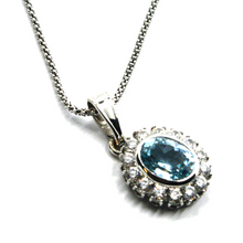 Charger l'image dans la galerie, 18k white gold oval blue topaz zirconia flower pendant popcorn chain necklace.