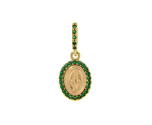Load image into Gallery viewer, solid 18k yellow oval gold medal, Virgin Mary 12mm, miraculous with green zirconia pendant.