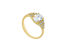 Load image into Gallery viewer, 18K YELLOW GOLD SOLITAIRE TRILOGY ENGAGEMENT RING WITH 6x5mm OVAL CUT ZIRCONIA.