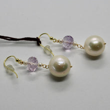 Load image into Gallery viewer, SOLID 18K YELLOW GOLD EARRINGS WITH BIG WHITE PEARLS AND AMETHYST MADE IN ITALY.