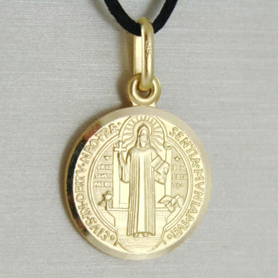 solid 18k yellow gold St Saint Benedict 15 mm medal pendant with Cross.