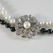Load image into Gallery viewer, solid 18k white gold necklace with round pearls, onyx and diamonds made in Italy.