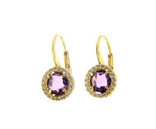 Charger l'image dans la galerie, 18k yellow gold leverback earrings cushion purple amethyst cubic zirconia frame.