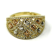 Load image into Gallery viewer, SOLID 18K YELLOW WHITE ROSE GOLD BAND RING WITH CUBIC ZIRCONIA, FACETED BALLS.