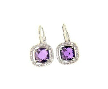 Load image into Gallery viewer, 18k white gold leverback earrings cushion purple amethyst cubic zirconia frame.