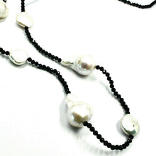 Load image into Gallery viewer, 18k white gold long 35" 90cm necklace faceted black spinel big drop disc pearls.