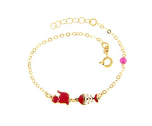 Charger l'image dans la galerie, 18k yellow gold kid child baby bracelet enamel cat and fish bone, rolo chain.