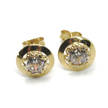 Cargar imagen en el visor de la galería, 18K YELLOW GOLD BUTTON EARRINGS CUBIC ZIRCONIA, ROUND DISC WORKED FRAME, 10 MM.