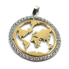 Load image into Gallery viewer, 18K YELLOW WHITE GOLD 25mm 1" GLOBE EARTH WORLD MAP ZIRCONIA PENDANT, ITALY MADE.