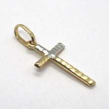 Load image into Gallery viewer, 18K YELLOW WHITE GOLD MINI TUBE FINELY HAMMERED CROSS, TWO FACES, MADE IN ITALY.
