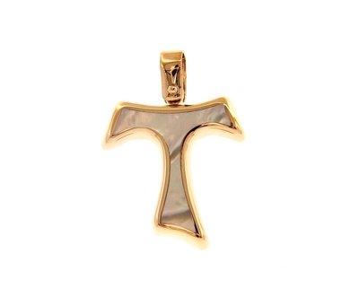 18k rose gold 20mm cross Franciscan tau Saint Francis mother of pearl pendant.
