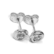 Charger l'image dans la galerie, 18k white gold mini button earrings cubic zirconia, flower braided spiral, 6 mm.