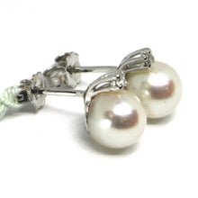 Load image into Gallery viewer, 18k white gold earrings with white round akoya pearls 7.5 mm and diamonds.