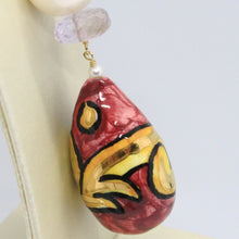 Load image into Gallery viewer, 18k yellow gold pendant amethyst, pearl & ceramic big drop hand painted in Italy.