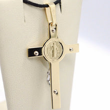 Load image into Gallery viewer, 18k yellow white gold Cross, Jesus & Saint Benedict medal big 2.1 inches.