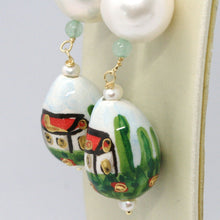 Cargar imagen en el visor de la galería, 18k yellow gold earrings aventurine & ceramic drop home hand painted in Italy.