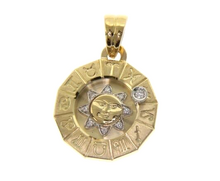 Load image into Gallery viewer, solid 18k yellow gold zodiac sign round 20mm diamond sun zodiacal medal pendant.