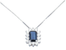 Cargar imagen en el visor de la galería, 18k white gold flower necklace diamonds 0.22 & emerald cut blue sapphire 0.70.