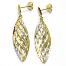 Load image into Gallery viewer, 18K YELLOW WHITE GOLD PENDANT EARRINGS WORKED WAVY DOUBLE OVAL LEAF 4.5cm, 1.8".