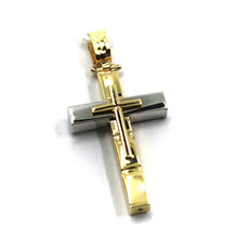 Load image into Gallery viewer, 18K YELLOW WHITE GOLD TUBE TWO TONE SQUARED CROSS, 30 mm, 1.18", MADE IN ITALY.