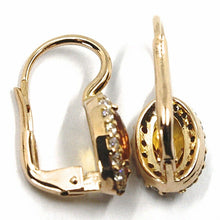 Cargar imagen en el visor de la galería, 18k rose gold leverback flower earrings oval yellow crystal cubic zirconia frame.