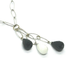 Load image into Gallery viewer, 18k white gold lariat necklace big oval link, white agate and onyx drops pendant.