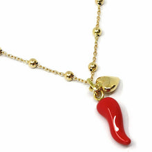 Load image into Gallery viewer, 18K YELLOW GOLD NECKLACE RED ENAMEL MINI HORN CORNICELLO & HEART PENDANT SPHERE BALLS CHAIN.