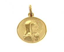 Load image into Gallery viewer, 18K YELLOW GOLD PENDANT ROUND VIRGIN MARY IN PRAYER 20mm MEDAL ENGRAVABLE.