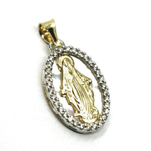 Load image into Gallery viewer, 18k yellow white gold medal, virgin Mary, miraculous, mother of pearl, zirconia.