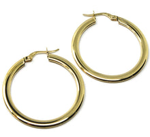 Cargar imagen en el visor de la galería, 18K YELLOW GOLD CIRCLE HOOPS 3x1mm, EARRINGS 30mm, DOUBLE FACE SMOOTH & SATIN.