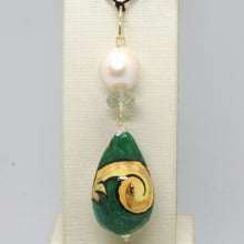 Load image into Gallery viewer, 18k yellow gold pendant prasiolite pearl, ceramic big drop hand painted in Italy.