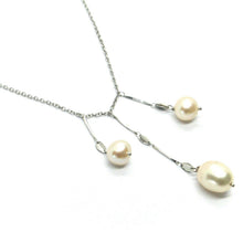 Load image into Gallery viewer, 18k white gold lariat necklace 3 pendant wires with pink pearls, rolo chain.