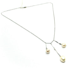 Load image into Gallery viewer, 18k white gold lariat necklace 3 pendant wires with pink pearls, rolo chain.