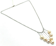 Load image into Gallery viewer, 18k white gold lariat necklace 7 pendant waterfall wires oval pink pearls, rolo.