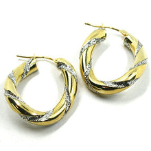 Load image into Gallery viewer, 18K YELLOW WHITE GOLD OVAL CIRCLE HOOPS PENDANT EARRINGS, 4mm TWISTED, GLITTER.