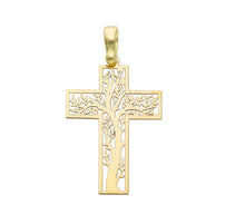 Charger l'image dans la galerie, 18K YELLOW GOLD FLAT SQUARE STYLIZED CROSS WITH TREE OF LIFE LENGTH 24 mm, 0.94".