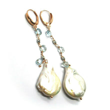 Cargar imagen en el visor de la galería, 18k rose gold pendant earrings aquamarine drops, big baroque pearls, 8cm 3.15".
