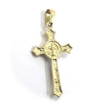 Load image into Gallery viewer, SOLID 18K YELLOW WHITE GOLD TRILOBE CROSS WITH JESUS & SAINT BENEDICT MEDAL 34mm.