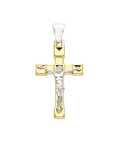 Load image into Gallery viewer, 18K YELLOW WHITE GOLD SQUARED CUBES CROSS PENDANT, SMOOTH, JESUS CHRIST, 27mm.