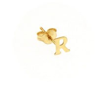 Cargar imagen en el visor de la galería, 18K YELLOW GOLD BUTTON SINGLE EARRING, FLAT SMALL LETTER INITIAL R 6mm 0.24".