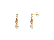 Load image into Gallery viewer, 18K YELLOW WHITE ROSE GOLD PENDANT EARRINGS, WORKED 3mm SPHERES, LENGTH 13mm.