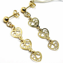 Load image into Gallery viewer, 18K YELLOW GOLD PENDANT EARRINGS, TRIPLE FLAT HEARTS, 4cm, 1.6 INCHES.